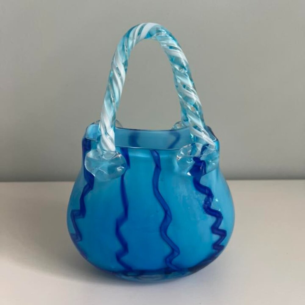 Hand Blown Murano Style Art Glass Handbag Vase In Blue